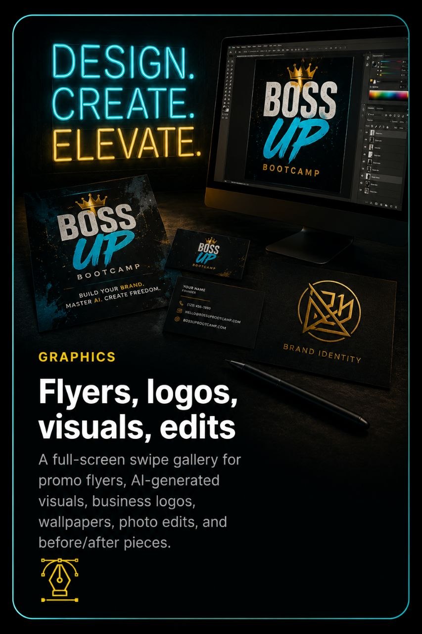 Graphics portfolio card: Flyers, logos, visuals, edits. A full-screen swipe gallery for promo flyers, AI-generated visuals, business logos, wallpapers, photo edits, and before/after pieces.