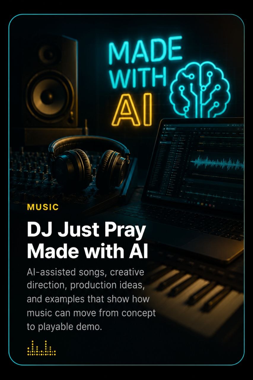Music portfolio card: DJ Just Pray Made with AI. AI-assisted songs, creative direction, production ideas, and examples that show how music can move from concept to playable demo.
