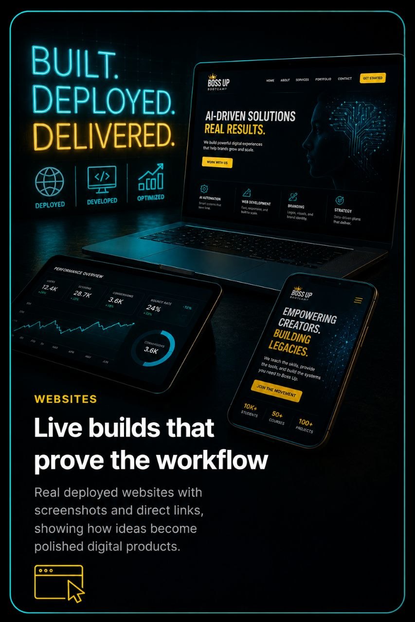 Websites portfolio card: Live builds that prove the workflow. Real deployed websites with screenshots and direct links, showing how ideas become polished digital products.